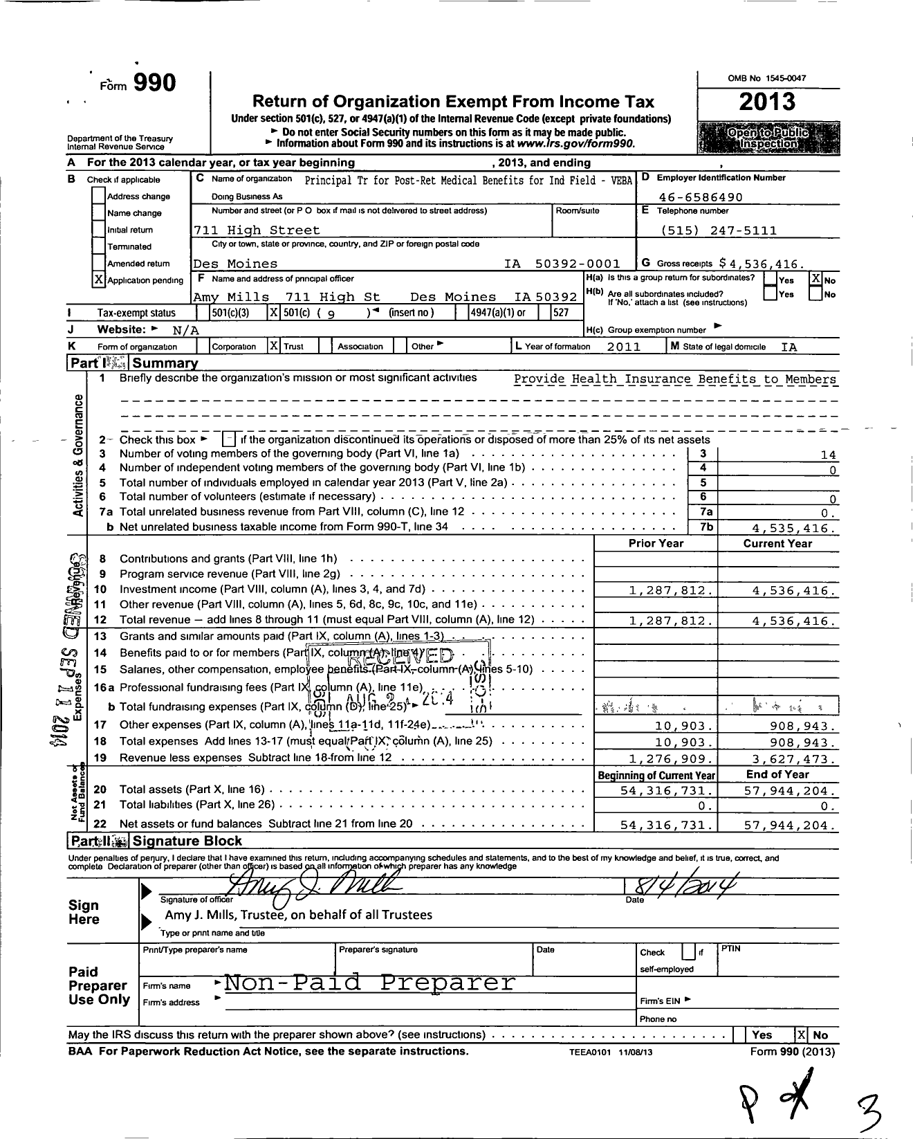 Image of first page of 2013 Form 990O for Principal TR for Post-Ret Medical Benefits for Ind Field - Field-Veba