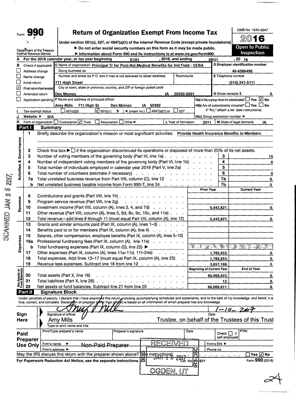 Image of first page of 2015 Form 990O for Principal TR for Post-Ret Medical Benefits for Ind Field - Field-Veba