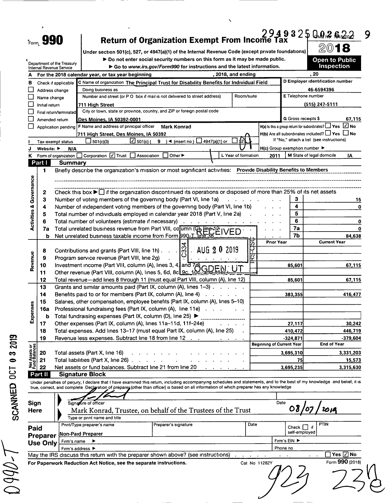 Image of first page of 2018 Form 990O for The Principal Trust for Disability Benefits for Individual Field