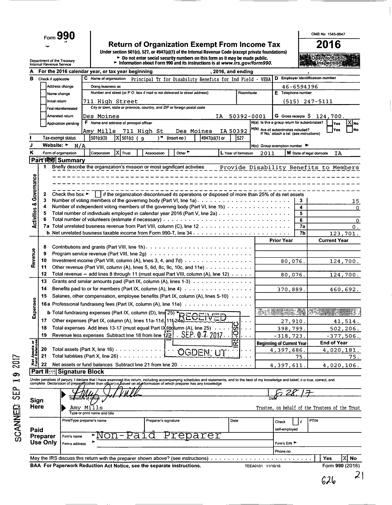 Image of first page of 2016 Form 990O for The Principal Trust for Disability Benefits for Individual Field