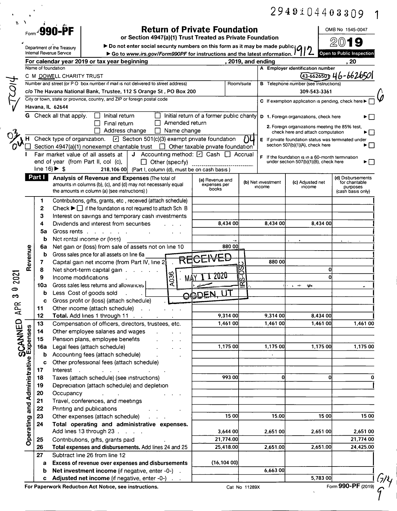 Image of first page of 2019 Form 990PF for CM Dowell Charity Trust