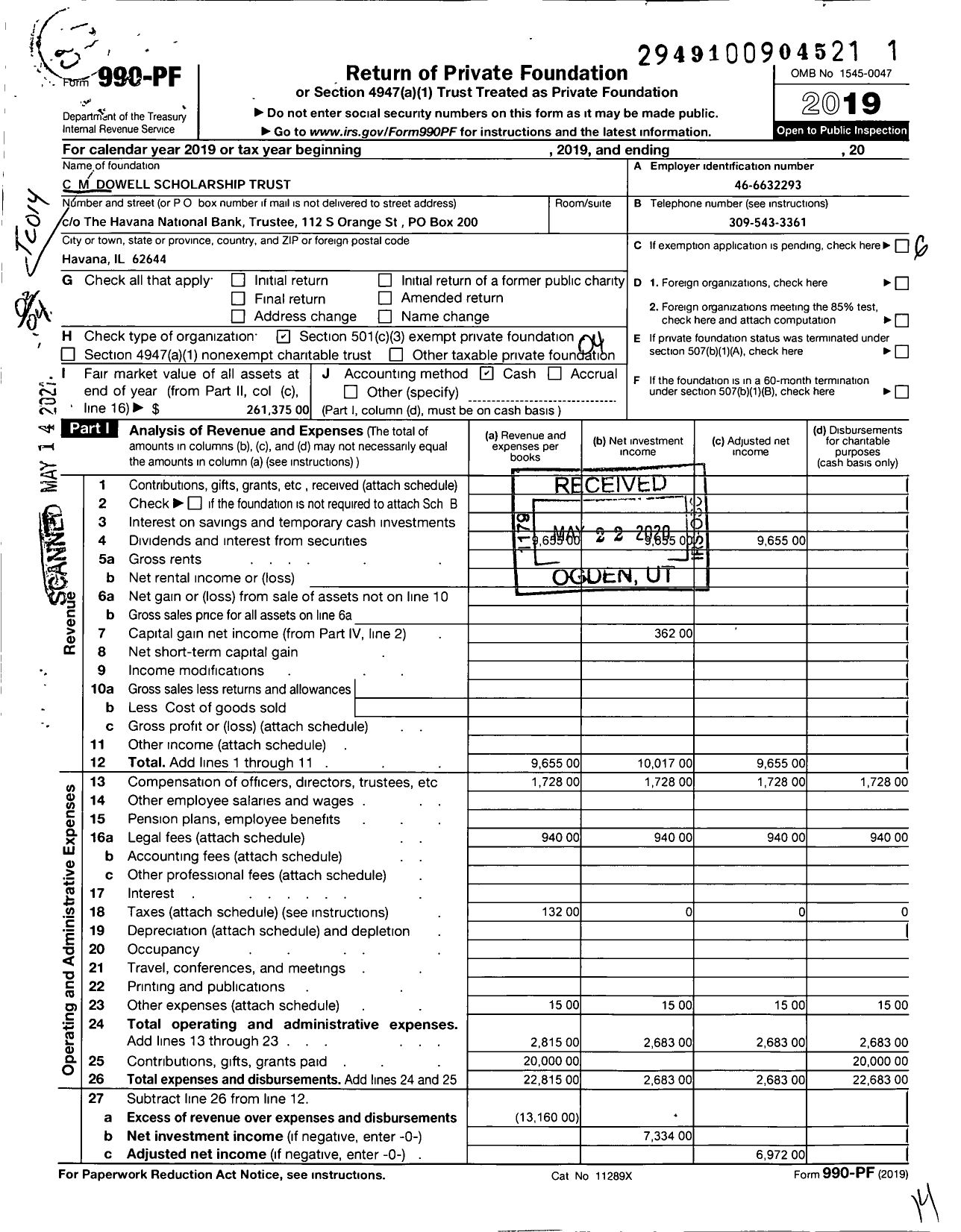 Image of first page of 2019 Form 990PF for CM Dowell Scholarship Trust