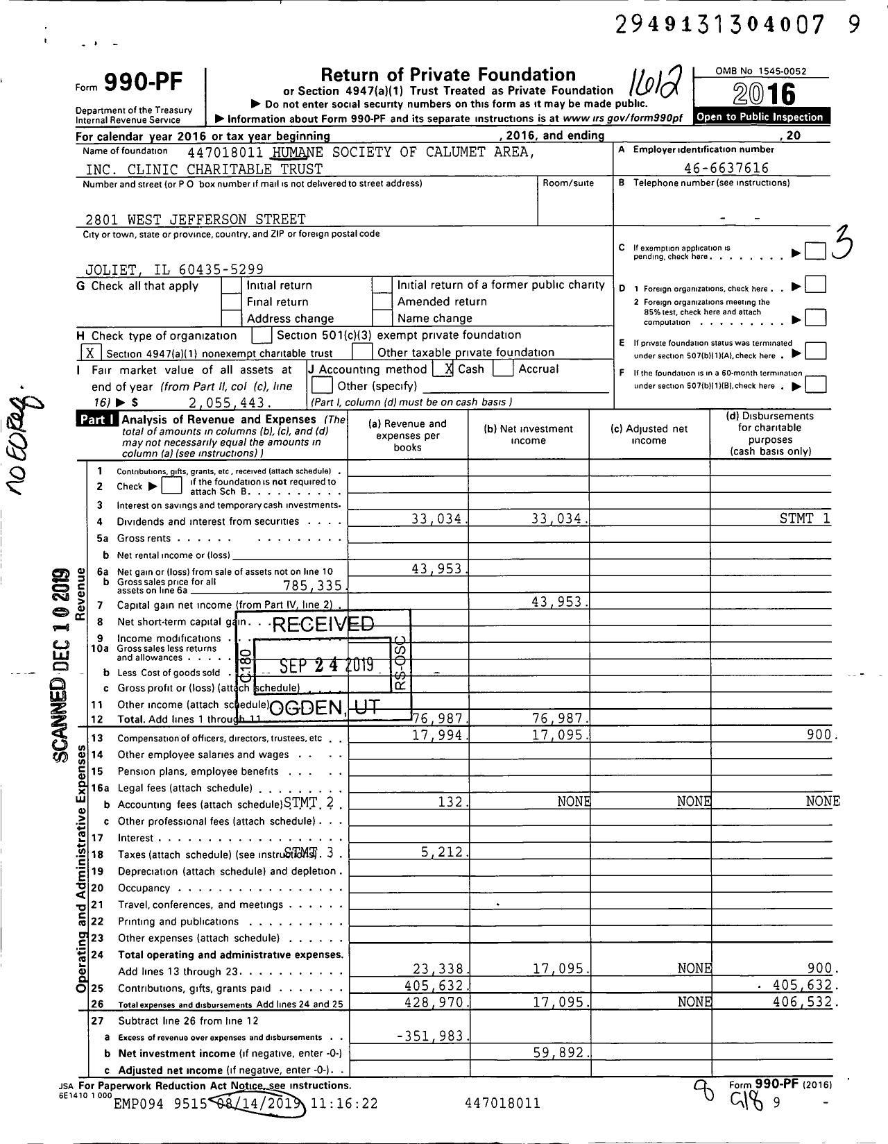 Image of first page of 2016 Form 990PF for Humane Society of Calumet Area Clinic