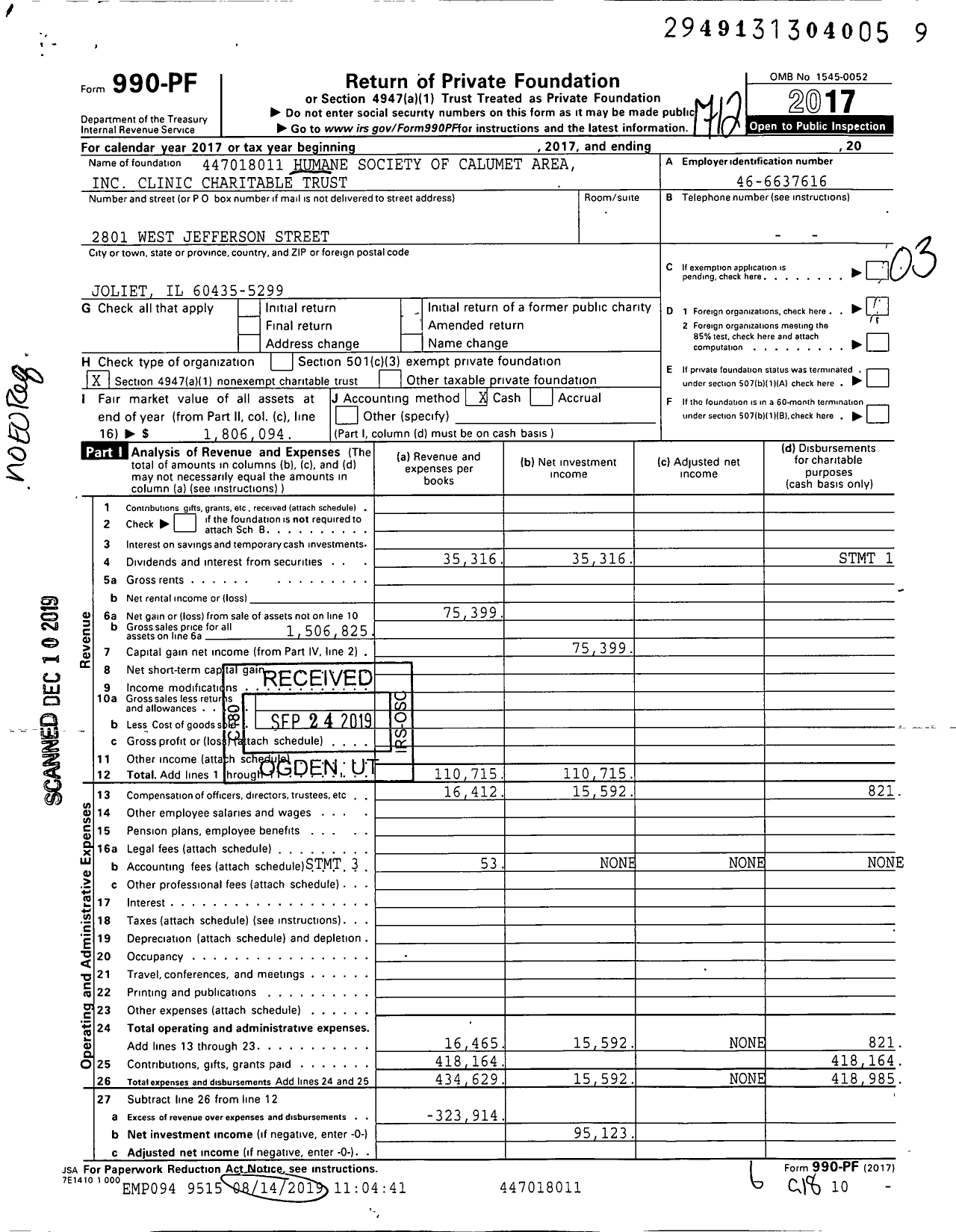 Image of first page of 2017 Form 990PF for Humane Society of Calumet Area Clinic