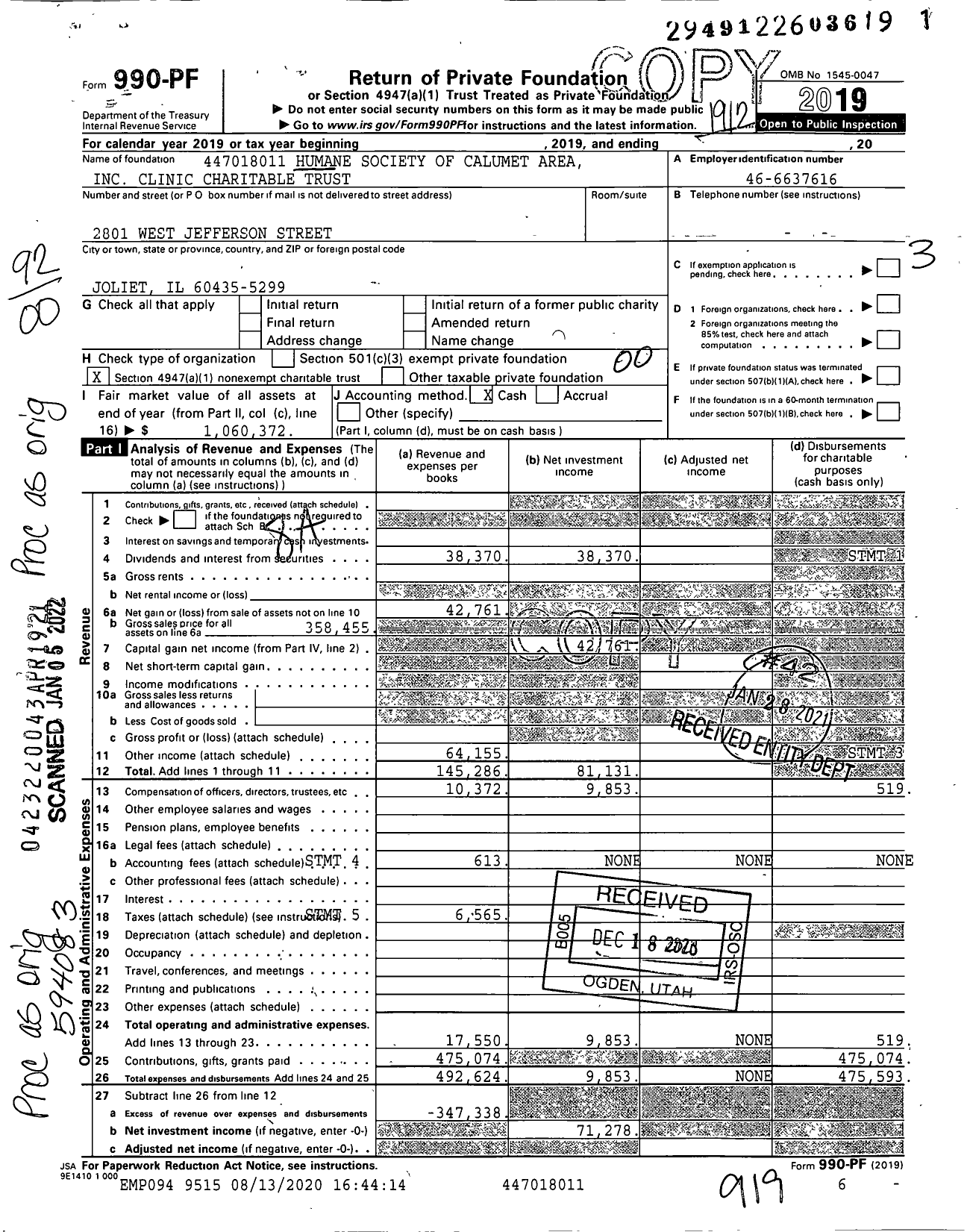 Image of first page of 2019 Form 990PF for Humane Society of Calumet Area Clinic