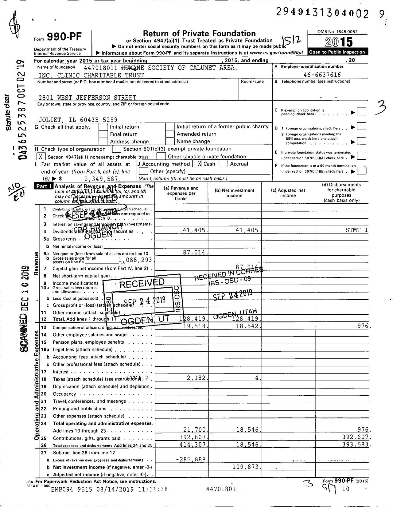 Image of first page of 2018 Form 990PF for Humane Society of Calumet Area Clinic