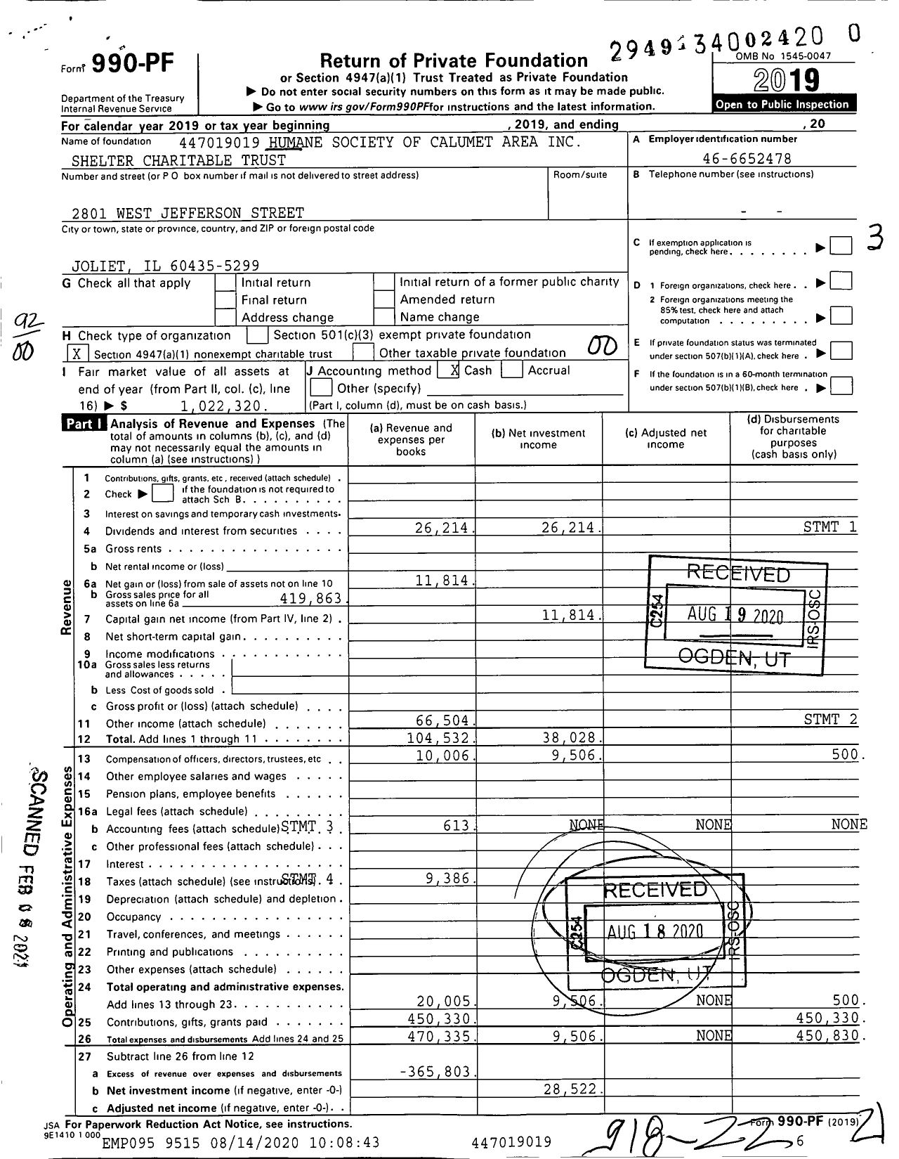 Image of first page of 2019 Form 990PF for Humane Society of Calumet Area Shelter