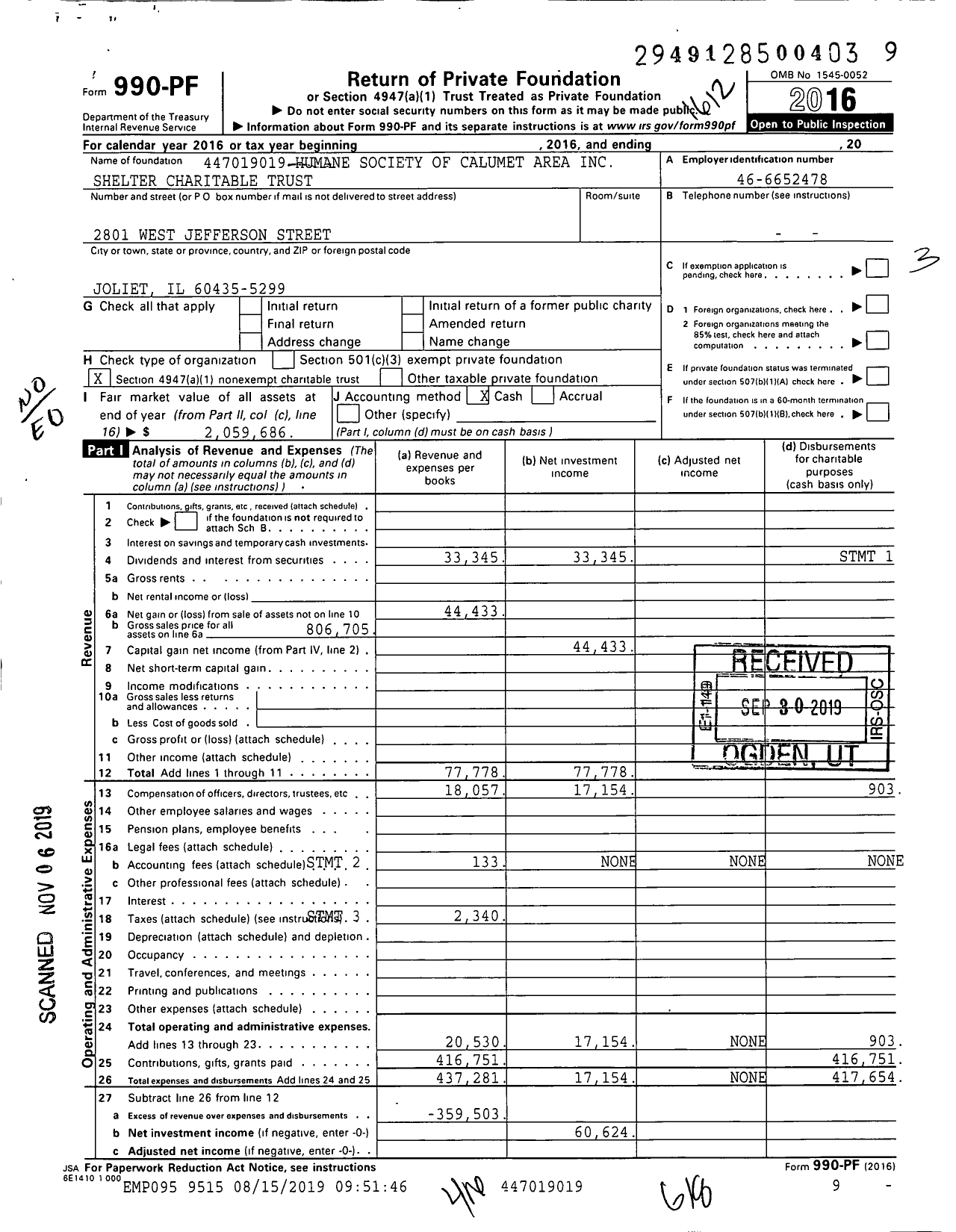 Image of first page of 2016 Form 990PF for Humane Society of Calumet Area Shelter