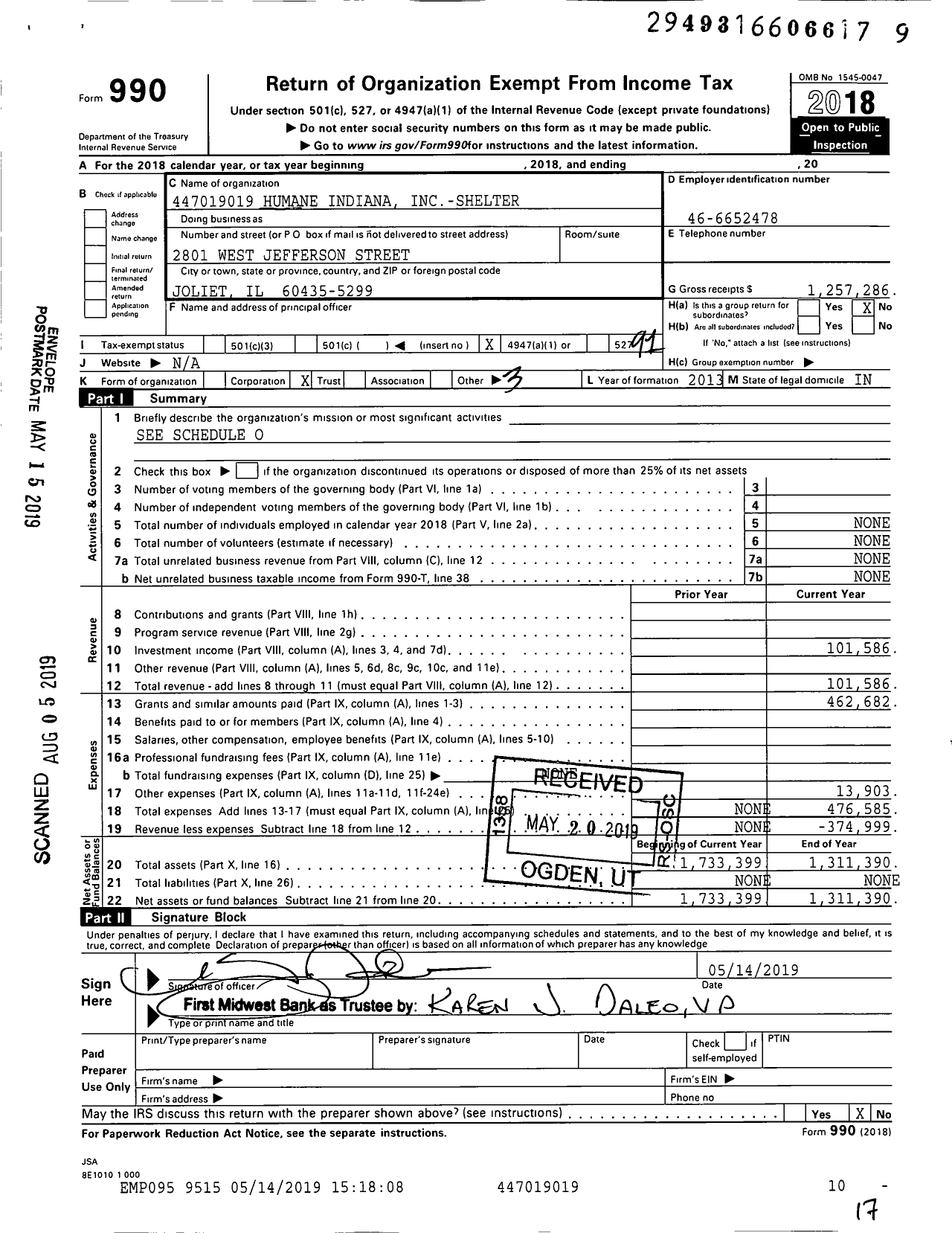 Image of first page of 2018 Form 990O for Humane Society of Calumet Area Shelter