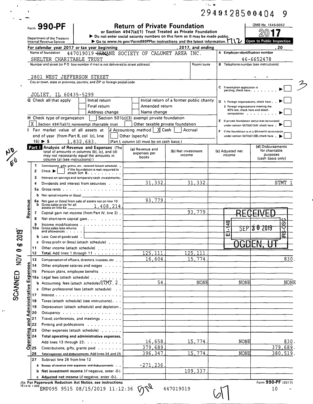 Image of first page of 2017 Form 990PF for Humane Society of Calumet Area Shelter