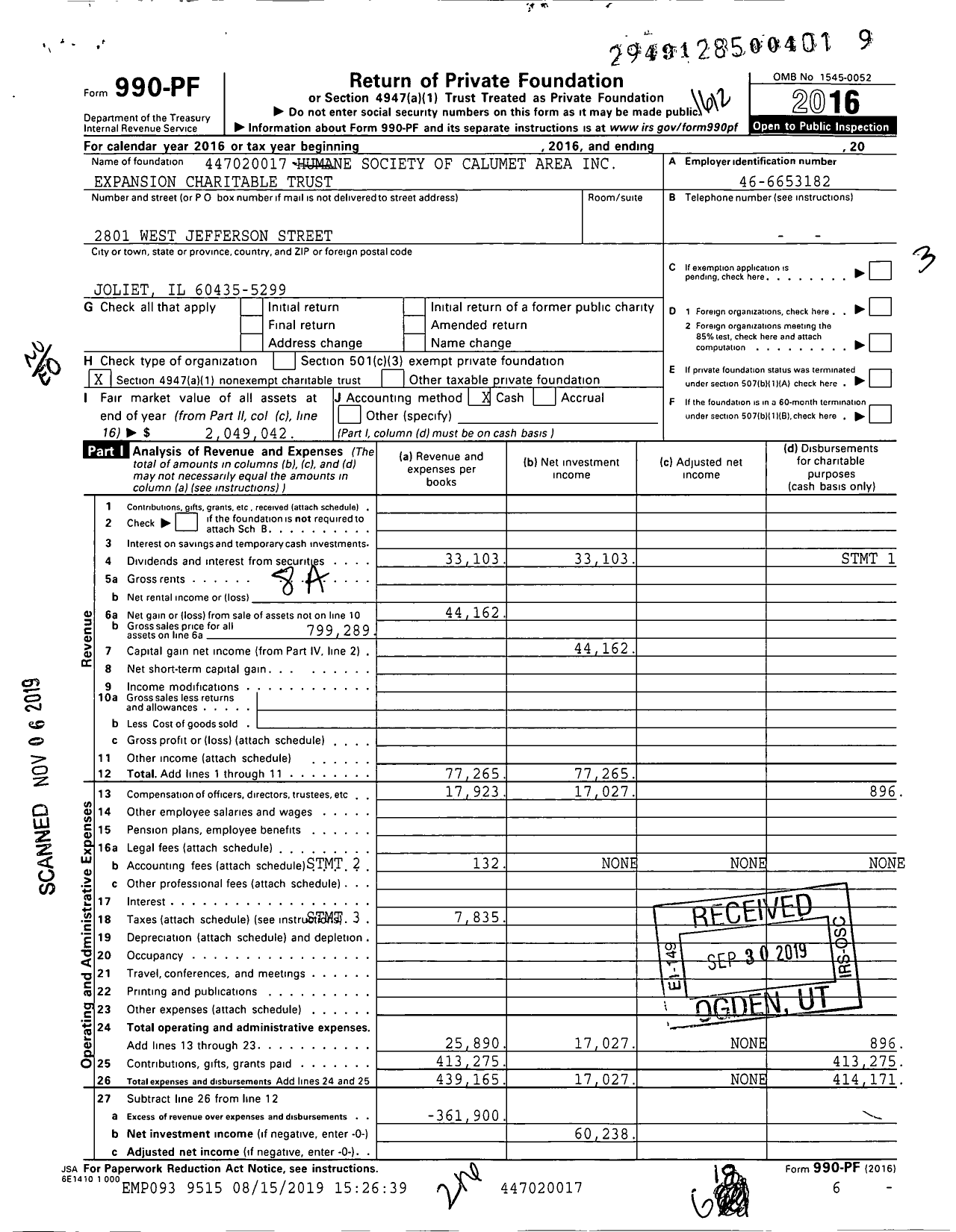 Image of first page of 2016 Form 990PF for Humane Society of Calumet Area Expansion