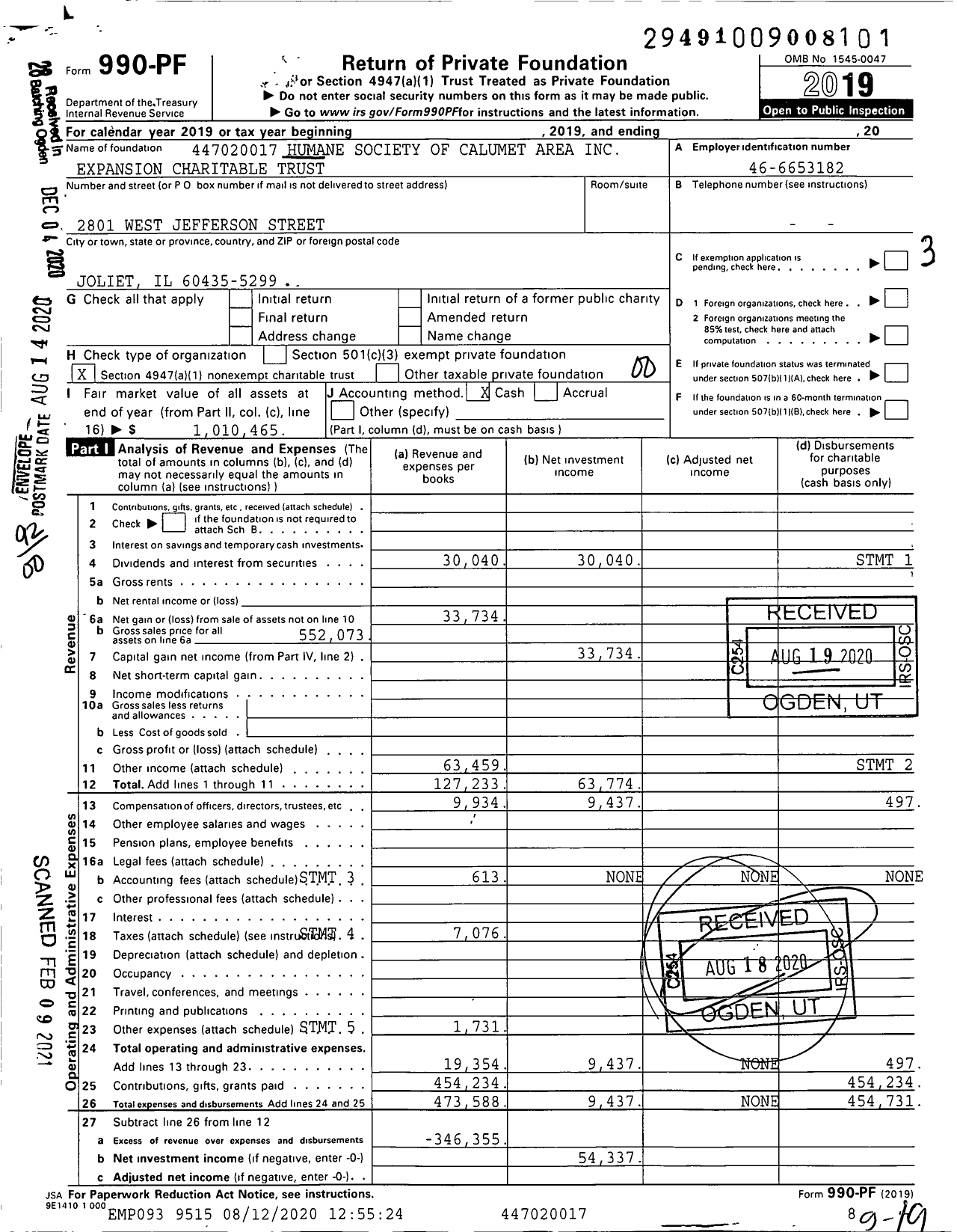 Image of first page of 2019 Form 990PF for Humane Society of Calumet Area Expansion