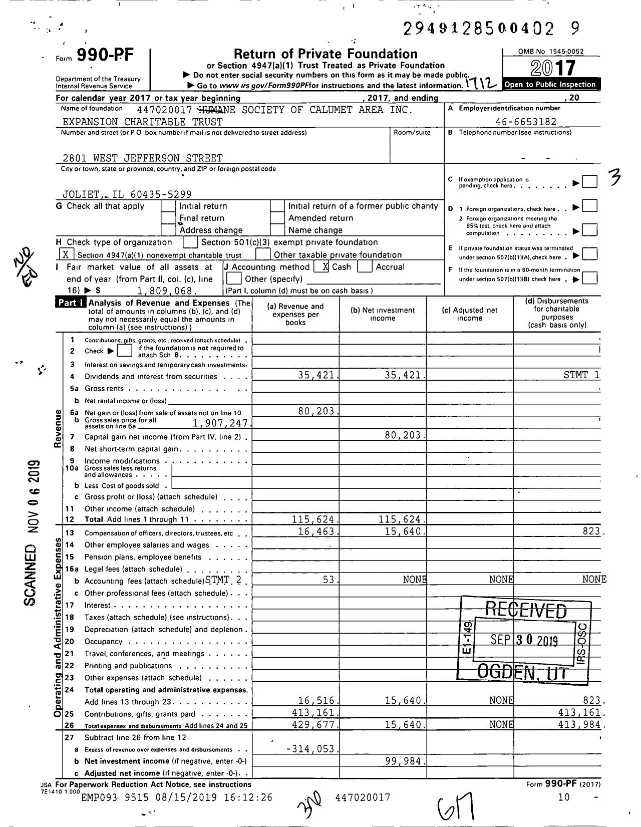 Image of first page of 2017 Form 990PF for Humane Society of Calumet Area Expansion