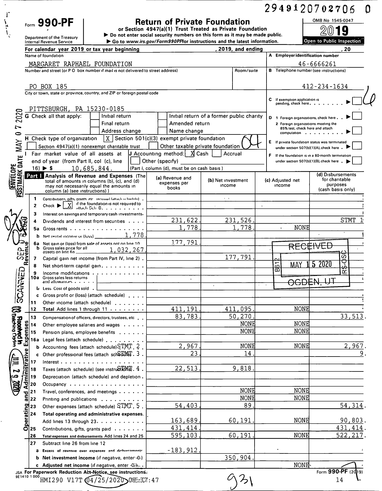 Image of first page of 2019 Form 990PR for Margaret Raphael Foundation