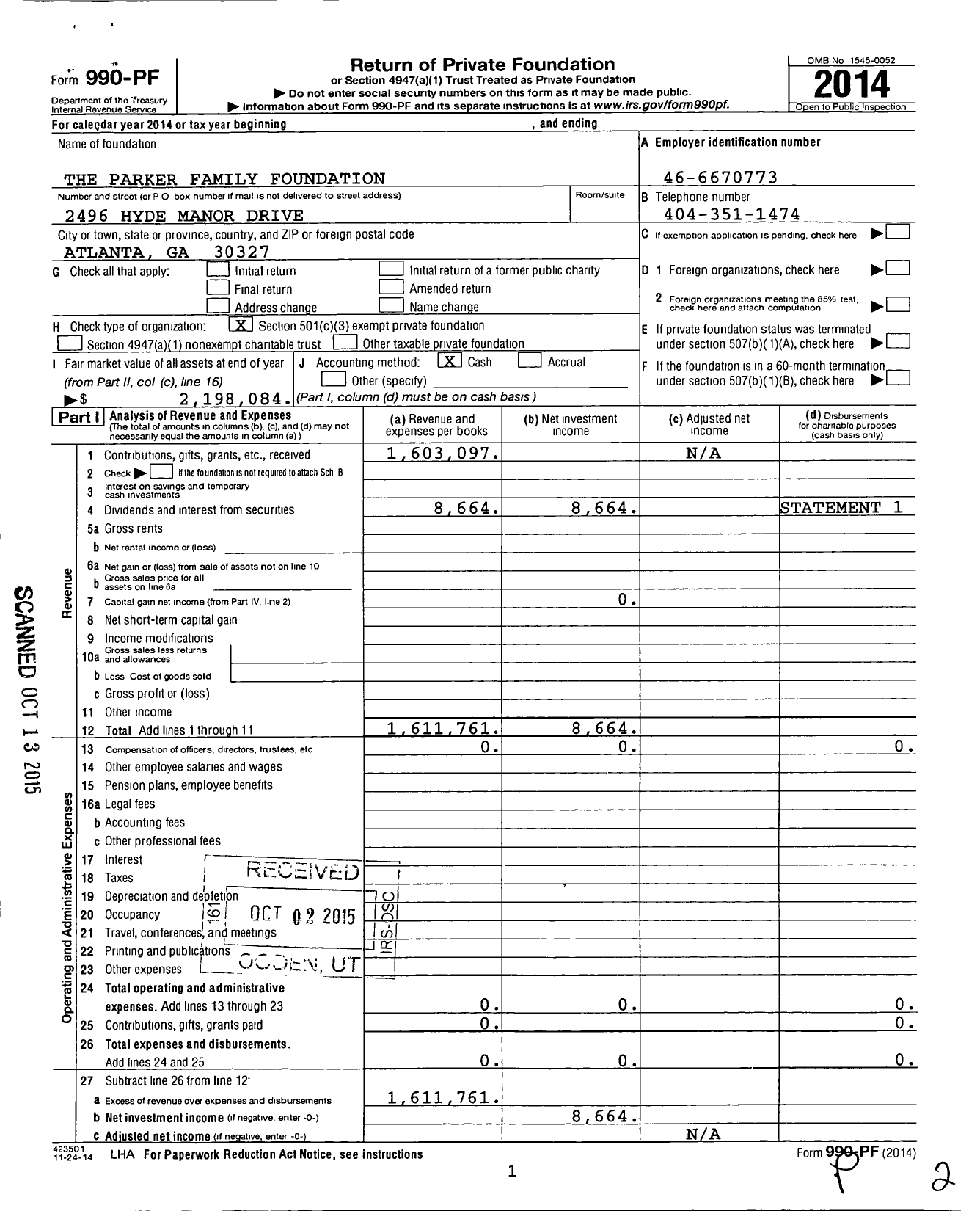 Image of first page of 2014 Form 990PF for Parker Family Foundation / Robin R Parker Ttee