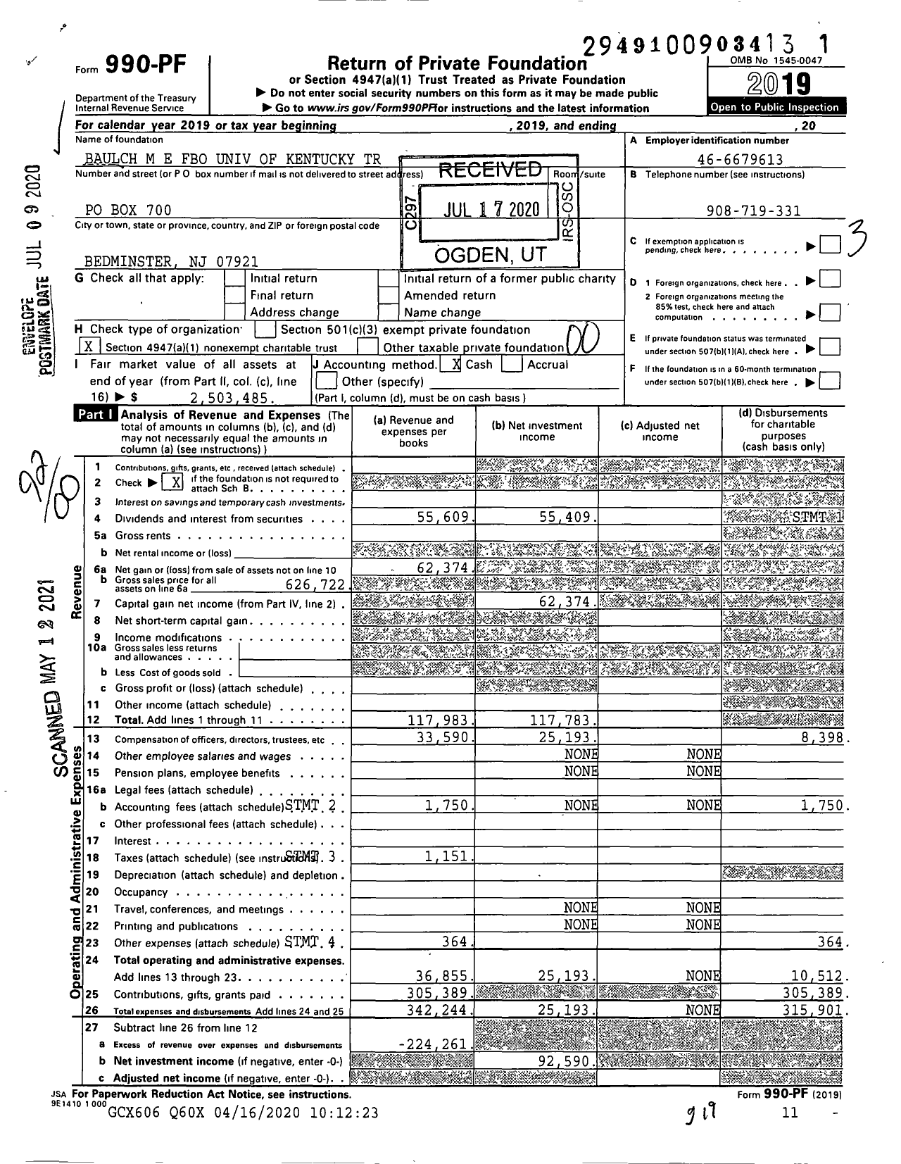 Image of first page of 2019 Form 990PF for Baulch M E Fbo Univ of Kentucky Trust