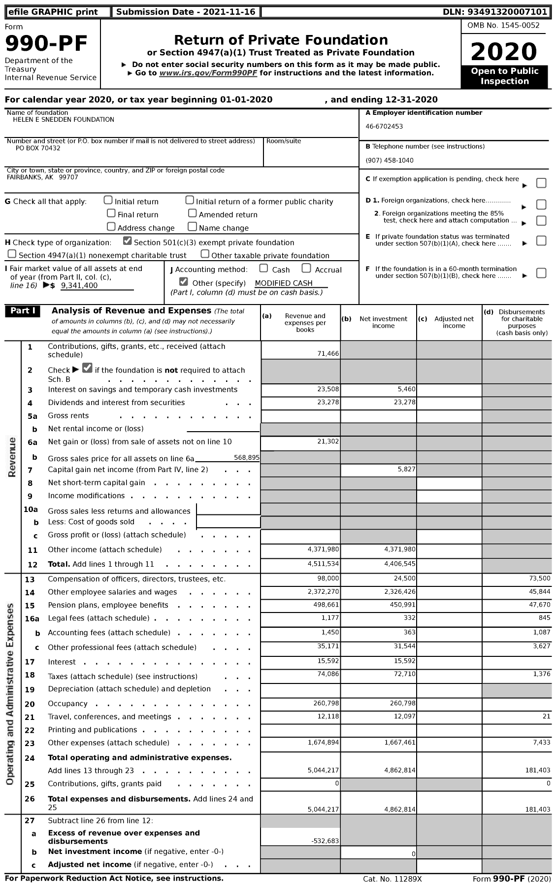 Image of first page of 2020 Form 990PF for Helen E Snedden Foundation