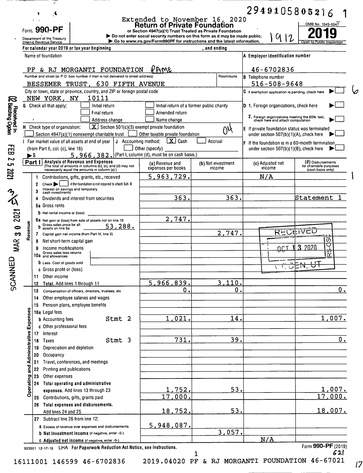 Image of first page of 2019 Form 990PF for PF and RJ Morganti Foundation