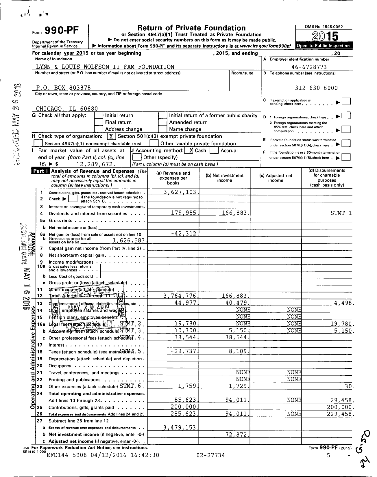 Image of first page of 2015 Form 990PF for Lynn and Louis Wolfson Ii Family Foundation