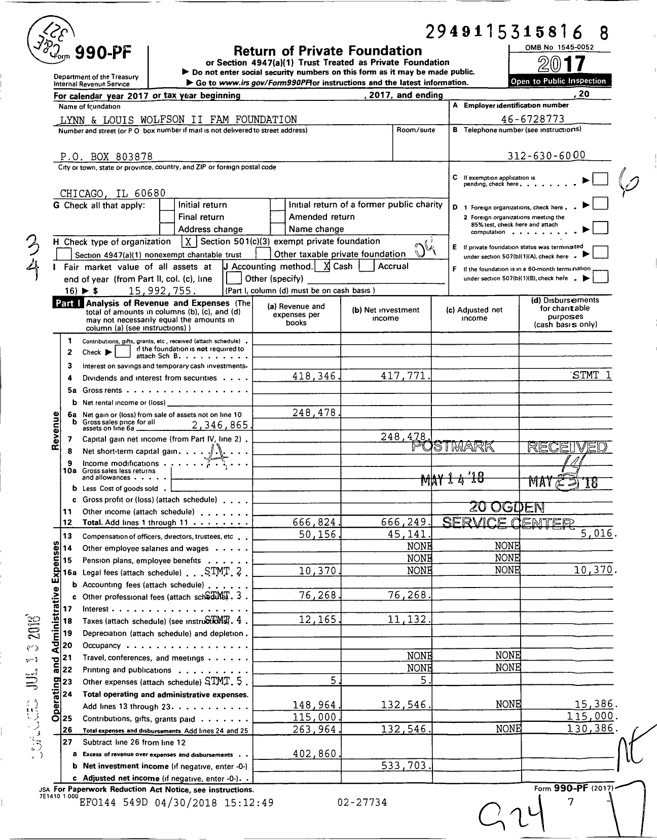Image of first page of 2017 Form 990PF for Lynn and Louis Wolfson Ii Family Foundation