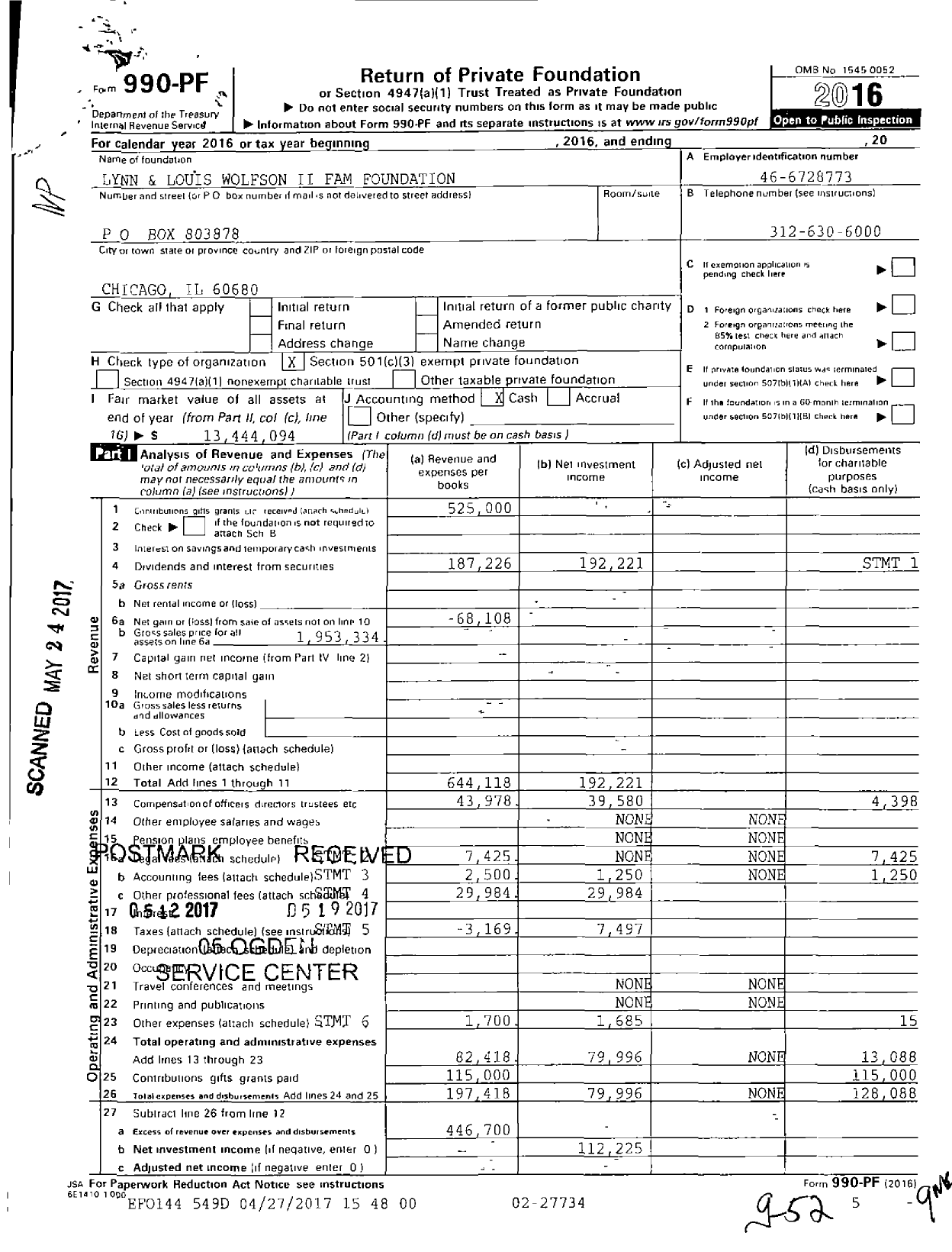 Image of first page of 2016 Form 990PF for Lynn and Louis Wolfson Ii Family Foundation