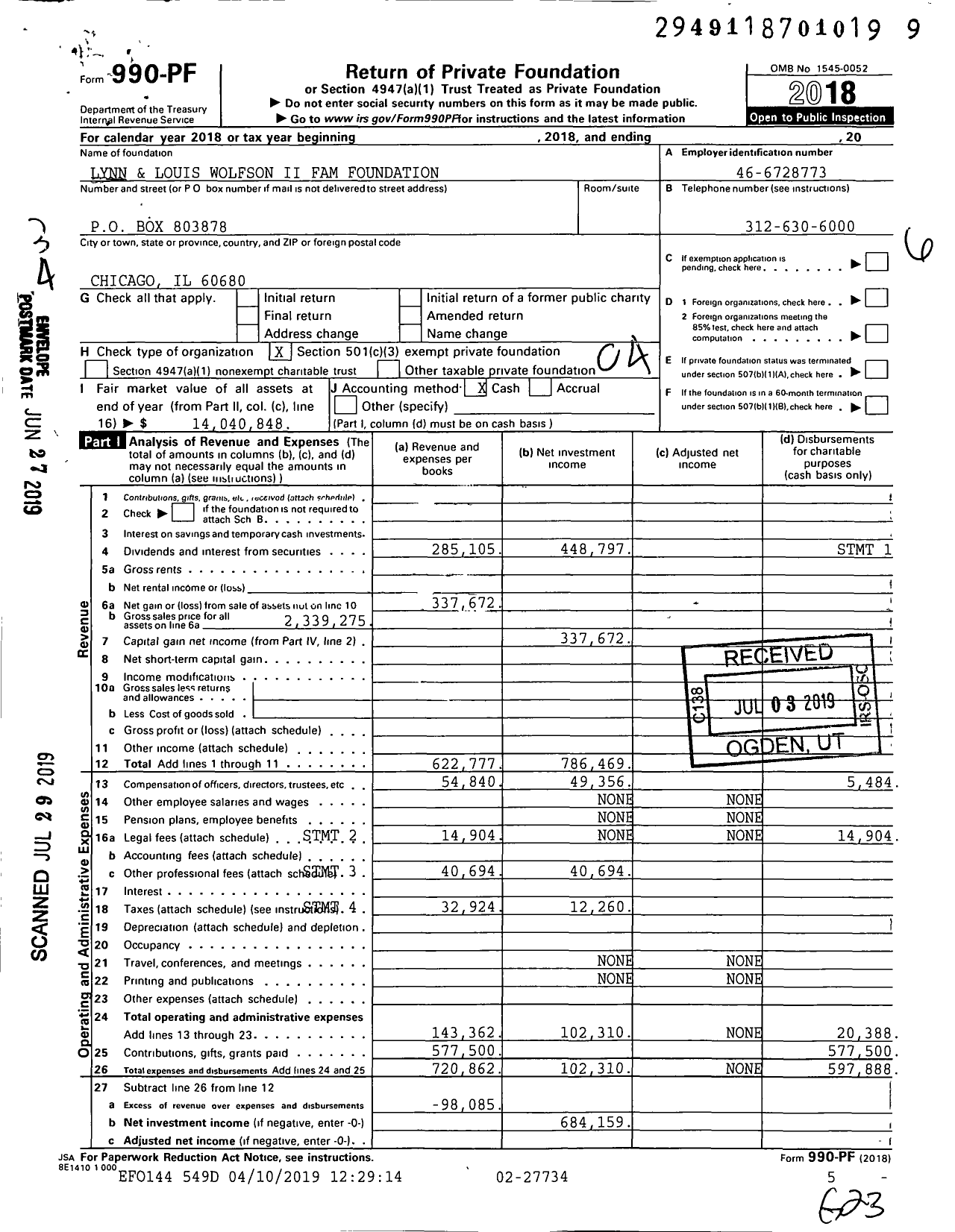 Image of first page of 2018 Form 990PF for Lynn and Louis Wolfson Ii Family Foundation
