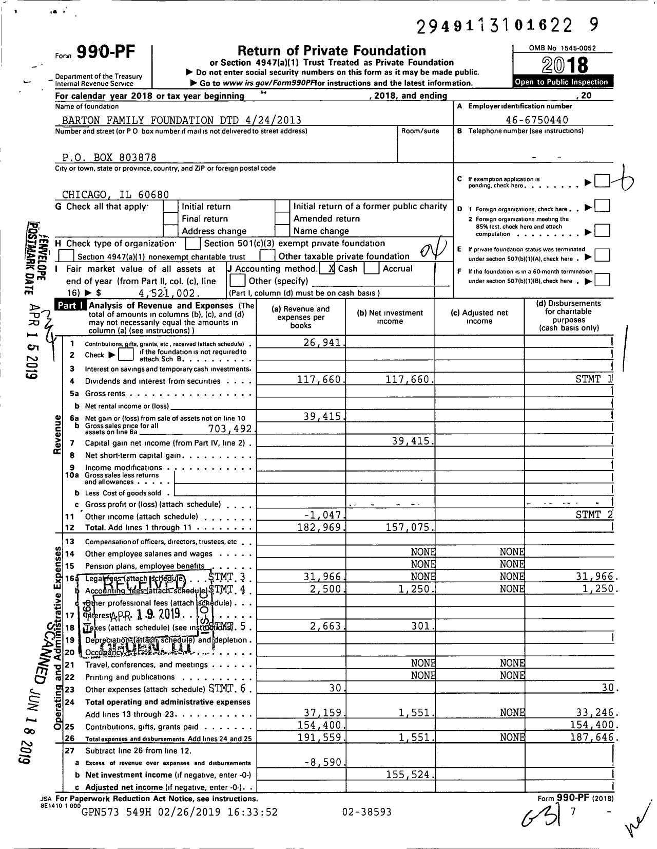 Image of first page of 2018 Form 990PF for Barton Family Foundation DTD 4242013