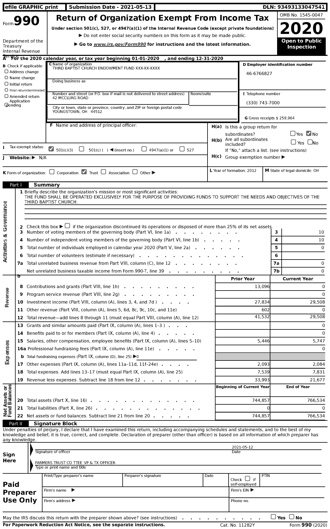 Image of first page of 2020 Form 990 for Third Baptist Church Endowment Fund XXX-XX-XXXX