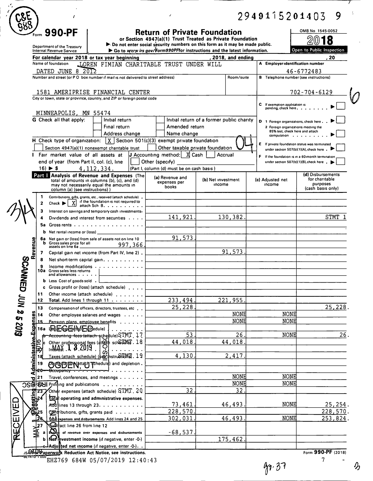 Image of first page of 2018 Form 990PF for Loren Fimian Charitable Trust Under Will