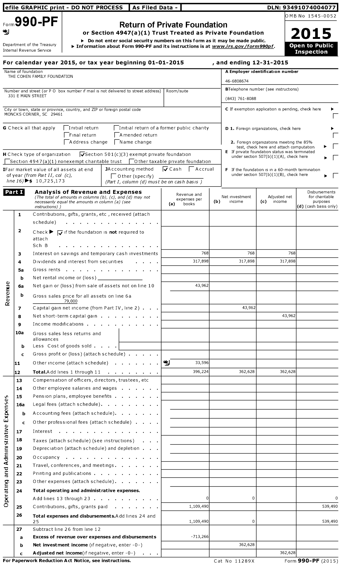 Image of first page of 2015 Form 990PF for The Cohen Family Foundation / Manuel Cohen Ttee