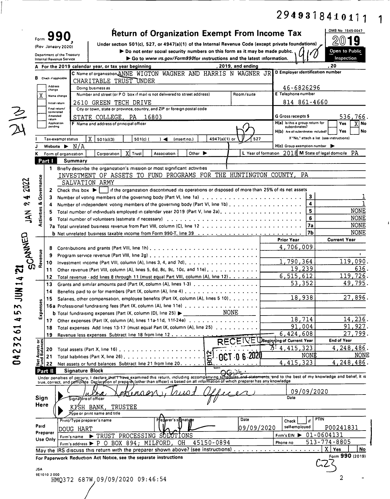 Image of first page of 2019 Form 990 for Anne Wigton Wagner and Harris N Wagner JR