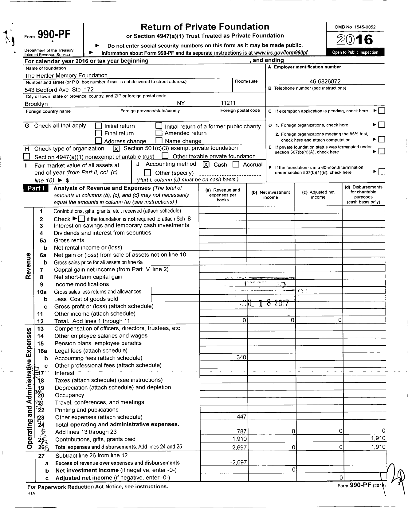 Image of first page of 2016 Form 990PF for The Heitler Memory Foundation