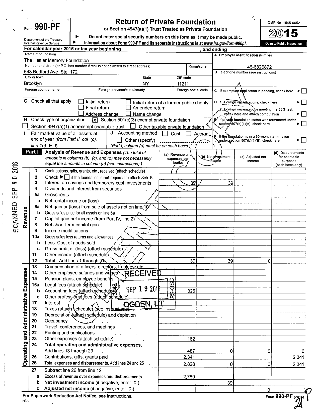 Image of first page of 2015 Form 990PF for The Heitler Memory Foundation