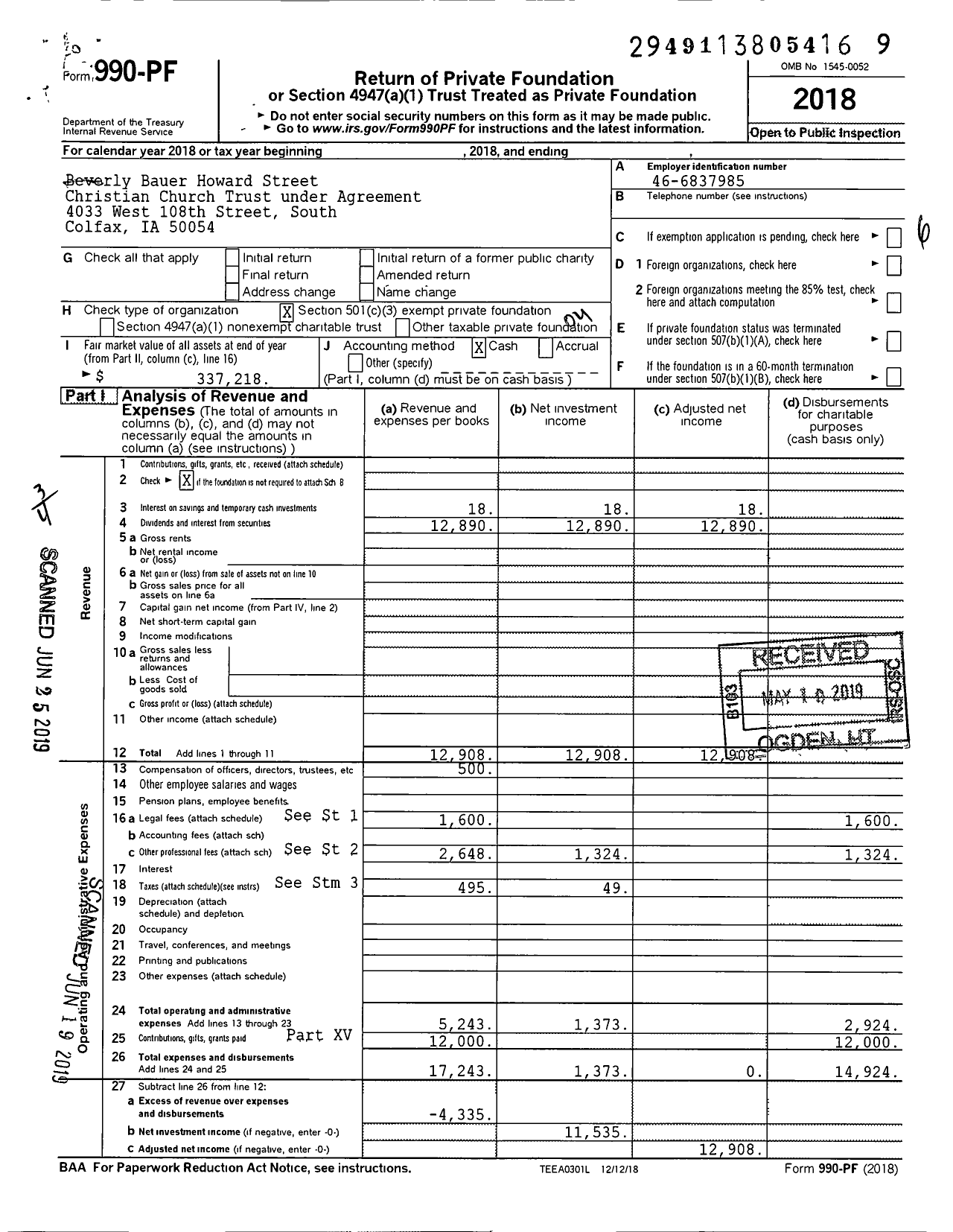 Image of first page of 2018 Form 990PF for Beverly Bauer Howard Street Christian Church Trust