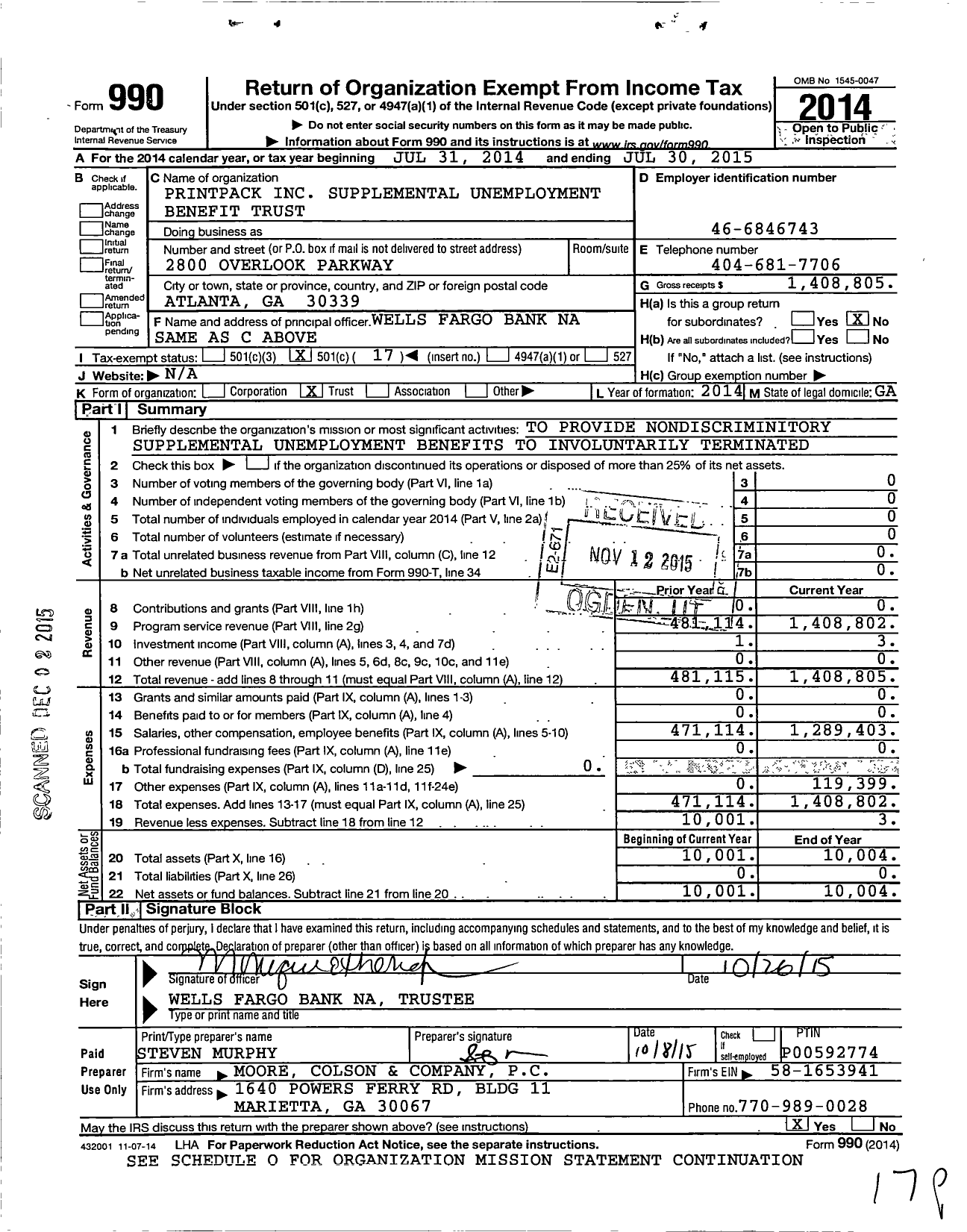 Image of first page of 2014 Form 990O for Printpack Supplemental Unemployment Benefit Trust