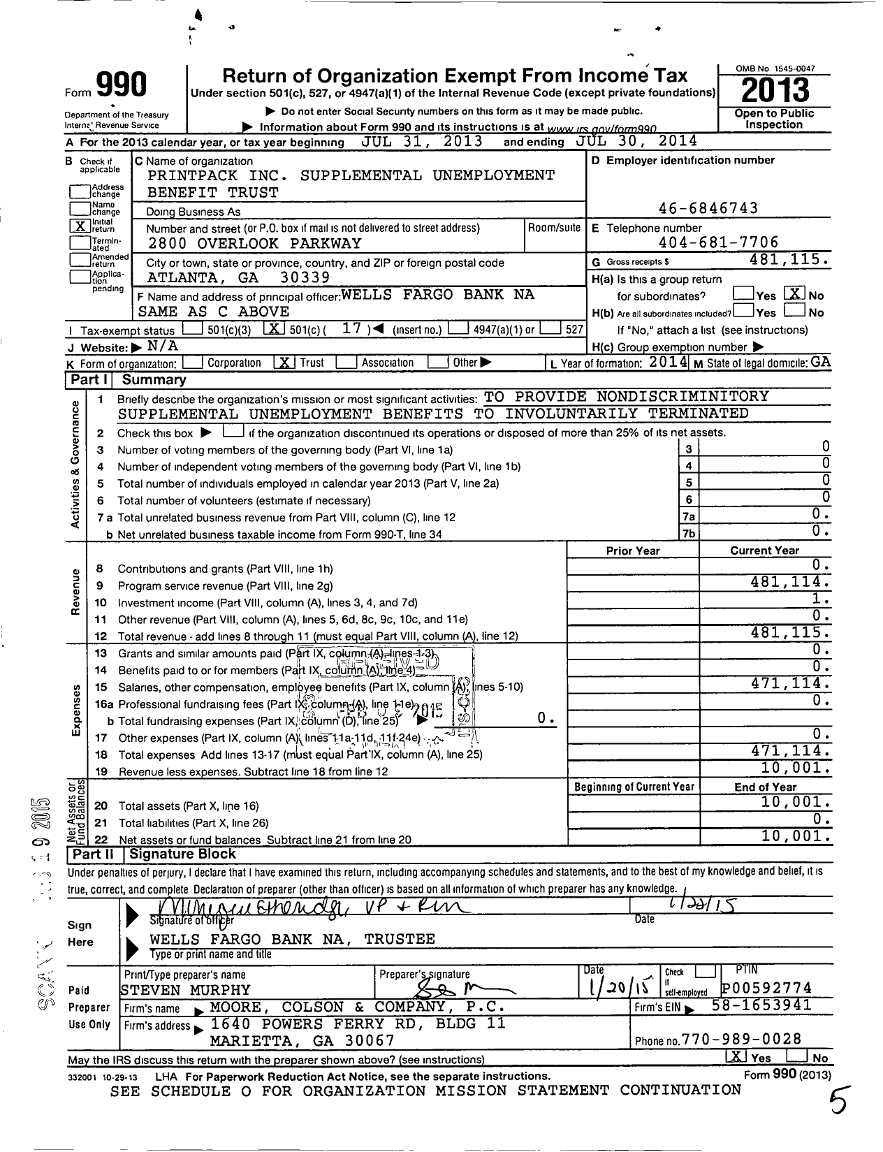 Image of first page of 2013 Form 990O for Printpack Supplemental Unemployment Benefit Trust