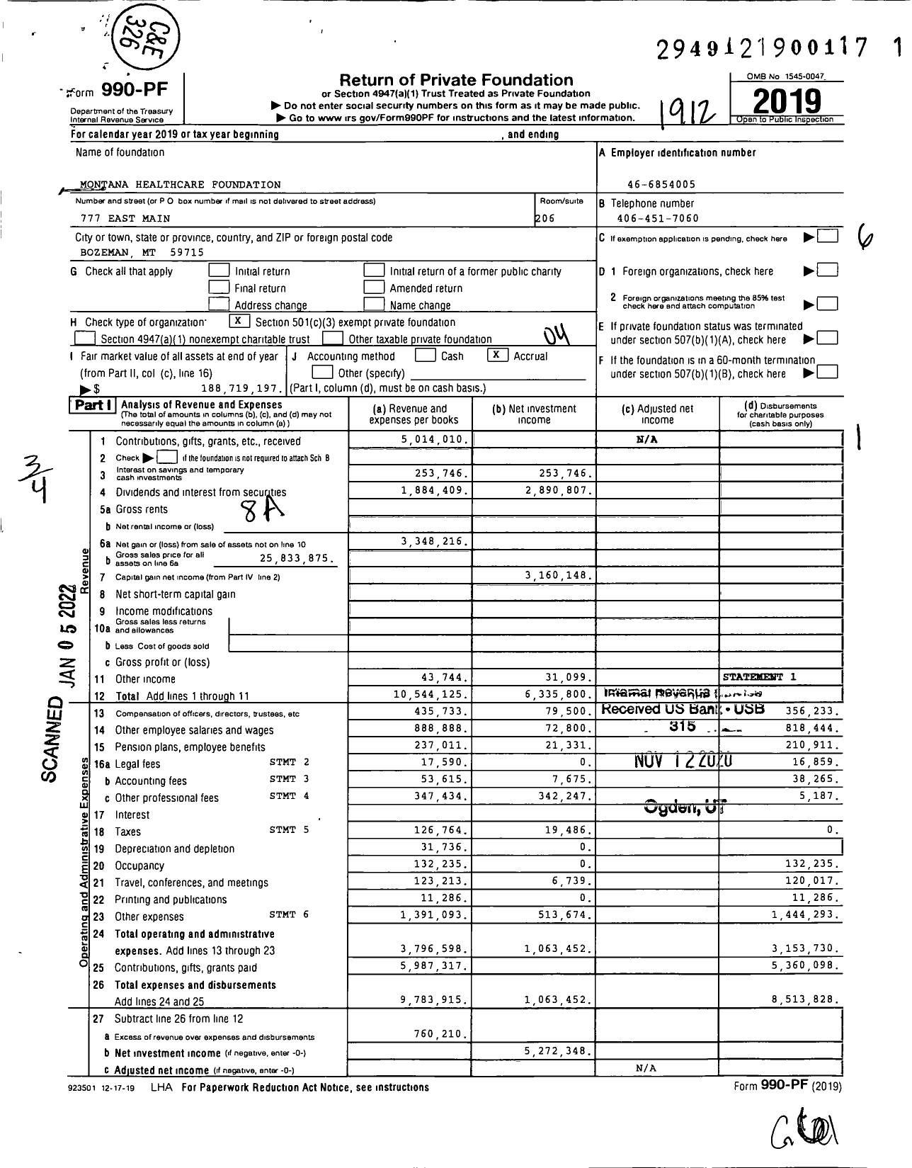 Image of first page of 2019 Form 990PF for Montana Healthcare Foundation (MHCF)