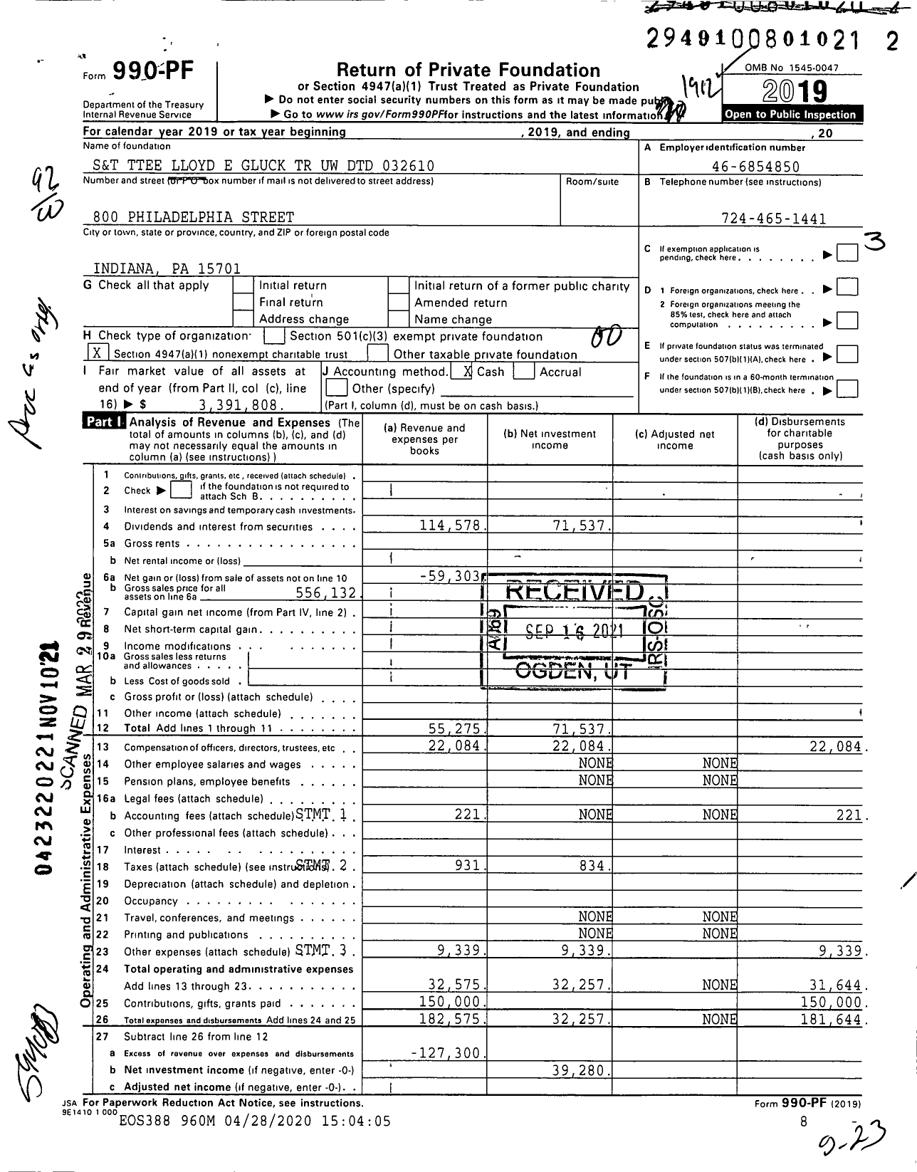 Image of first page of 2019 Form 990PF for S&T Ttee Lloyd E Gluck TR Uw DTD 032610