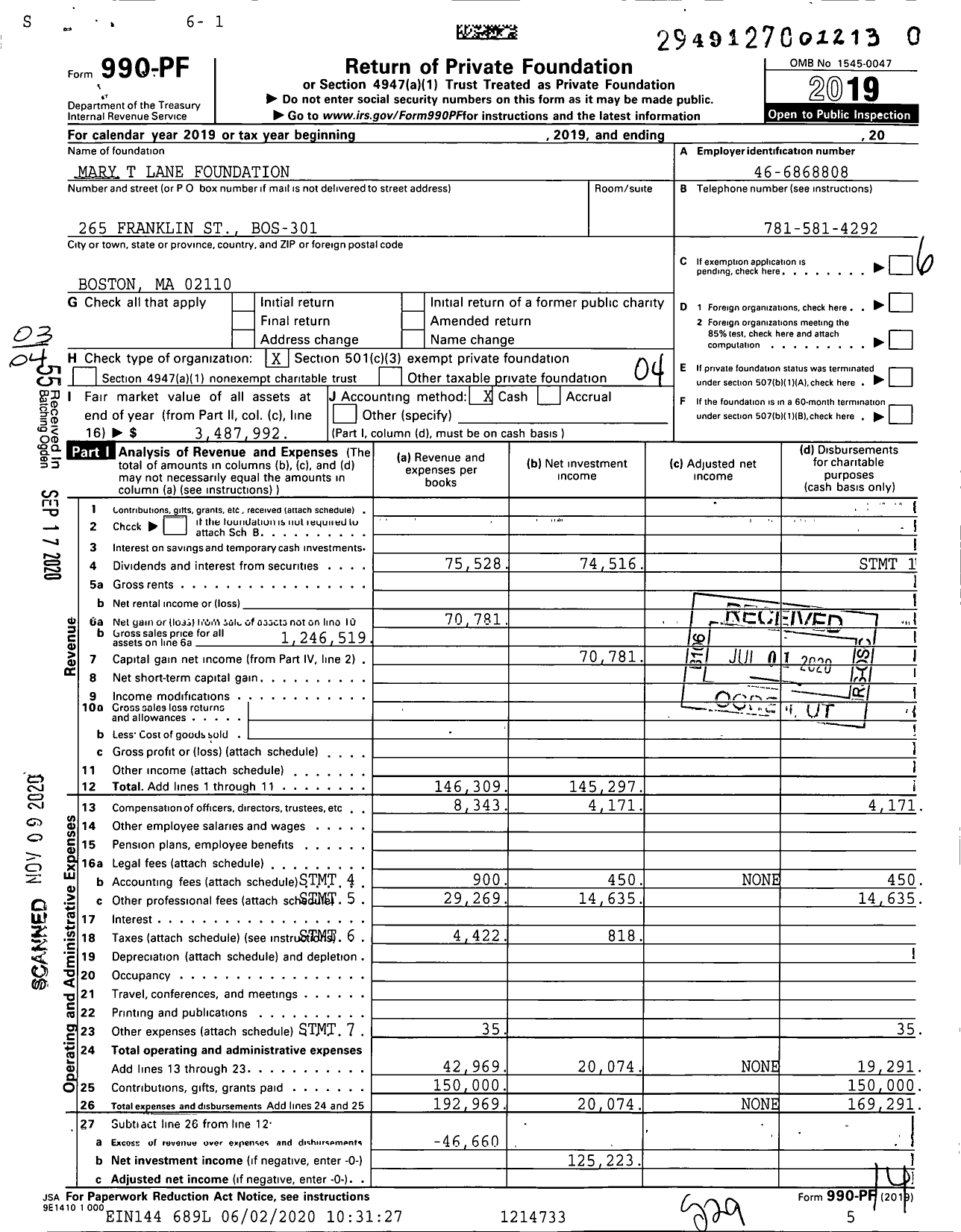 Image of first page of 2019 Form 990PF for Mary T Lane Foundation