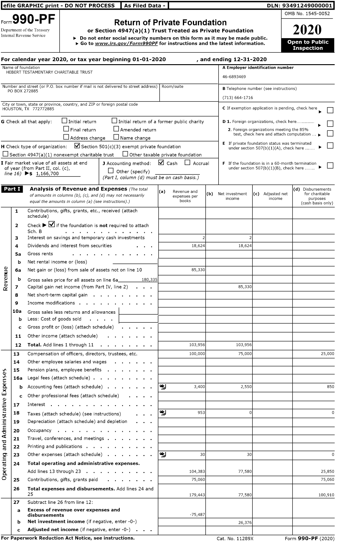 Image of first page of 2020 Form 990PF for Hebert Testamentary Charitable Trust