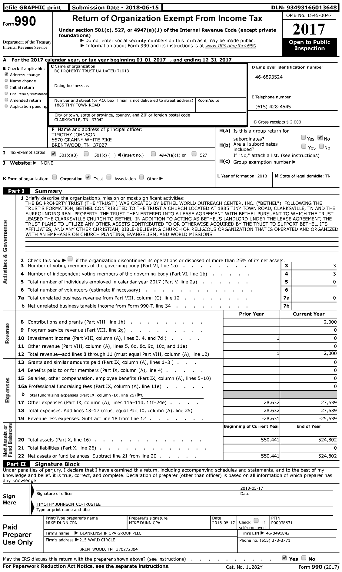 Image of first page of 2017 Form 990 for BC Property Trust Dated 71013