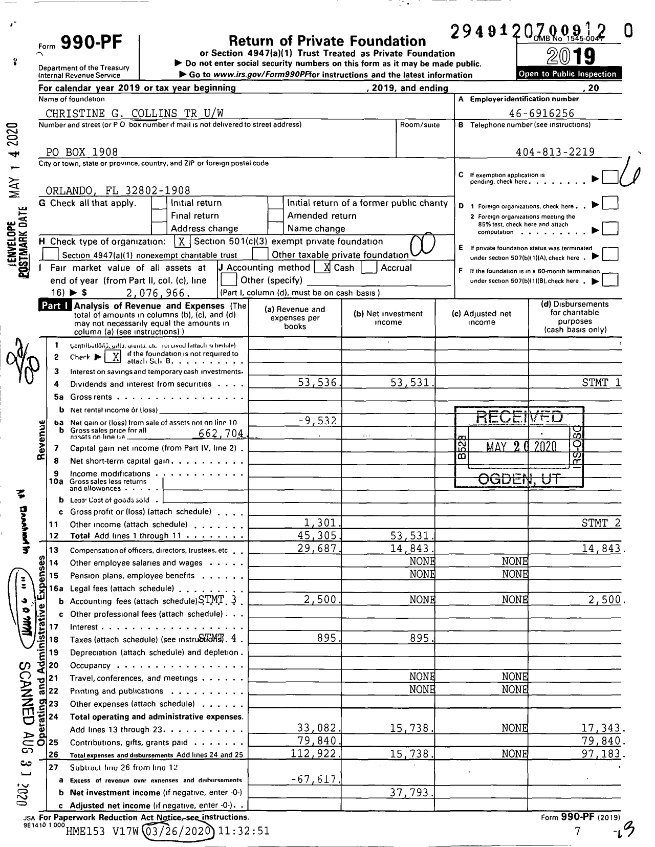 Image of first page of 2019 Form 990PR for Christine G Collins TR Uw