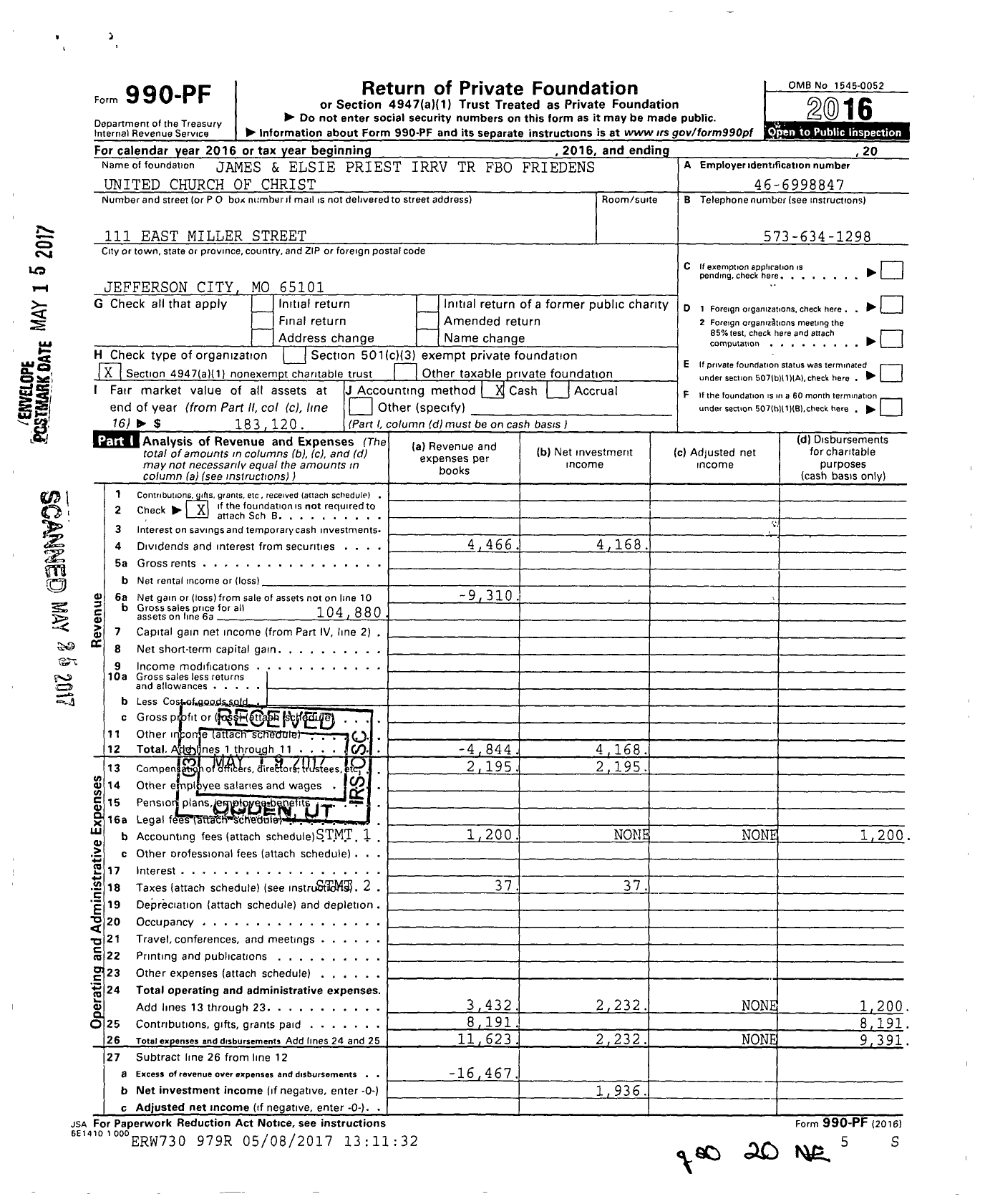 Image of first page of 2016 Form 990PF for James and Elsie Priest Irrv TR Fbo Friedens