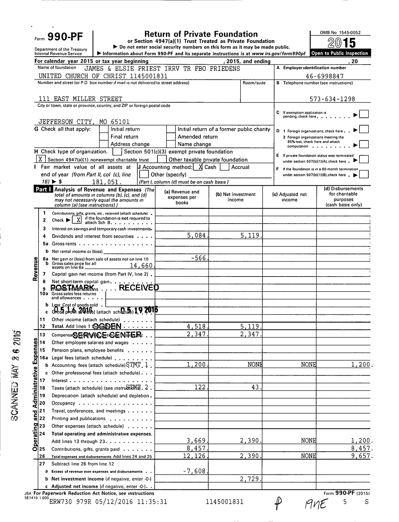 Image of first page of 2015 Form 990PF for James and Elsie Priest Irrv TR Fbo Friedens