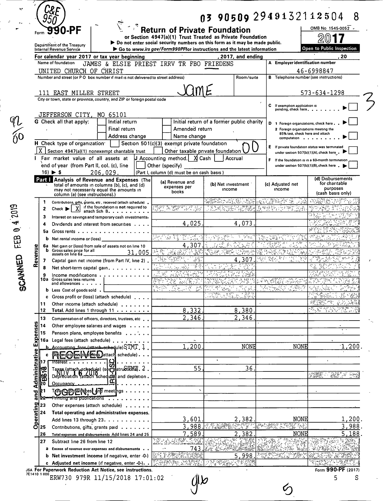 Image of first page of 2017 Form 990PF for James and Elsie Priest Irrv TR Fbo Friedens