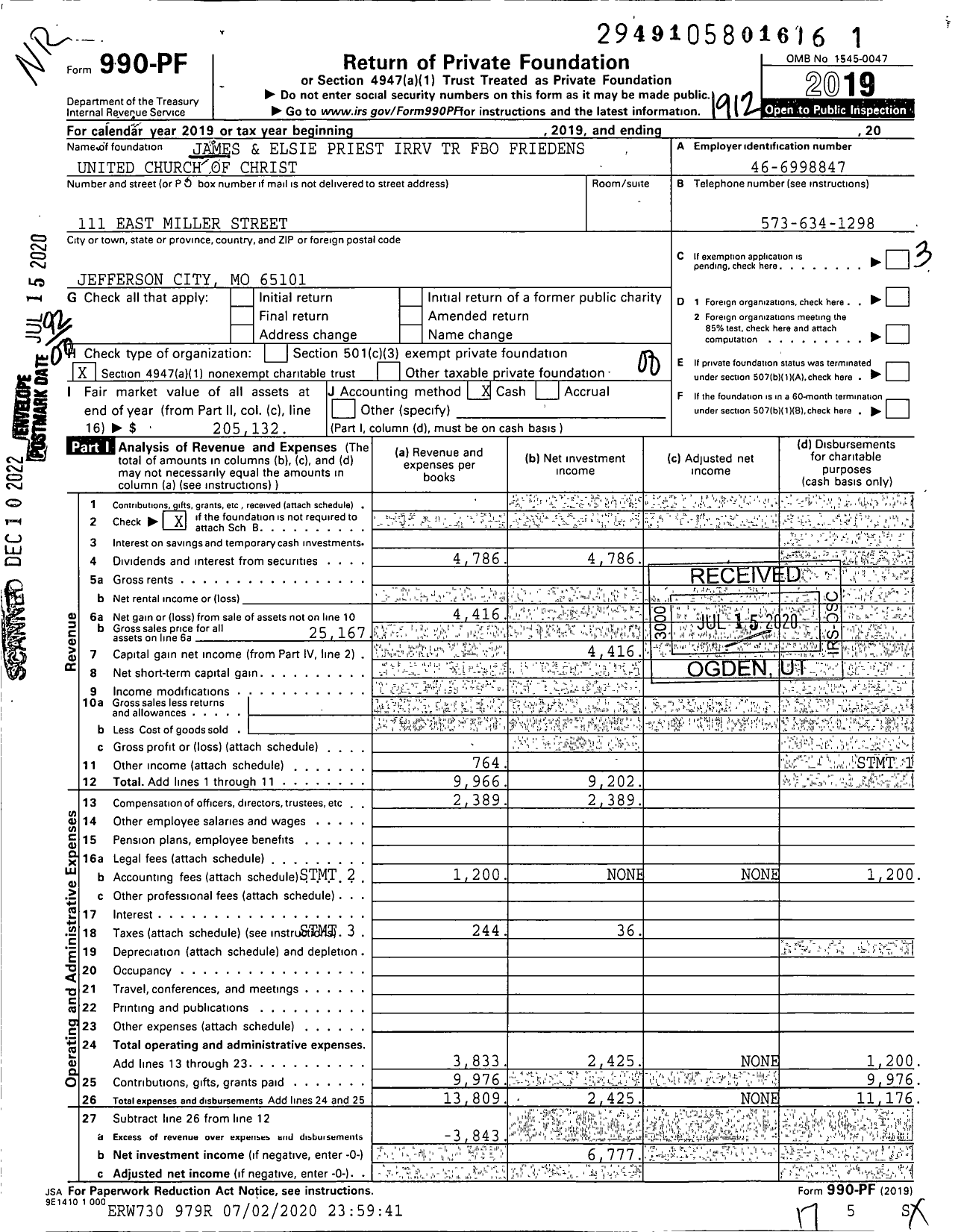 Image of first page of 2019 Form 990PF for James and Elsie Priest Irrv TR Fbo Friedens