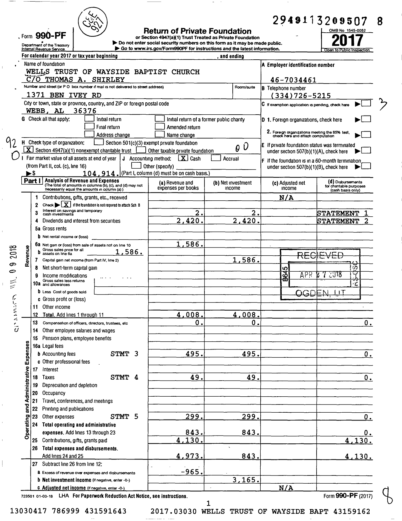 Image of first page of 2017 Form 990PF for Wells Trust of Wayside Baptist Church