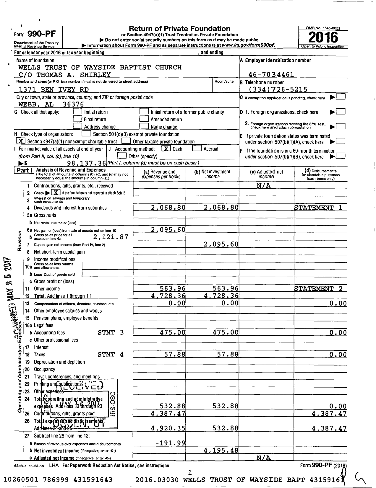 Image of first page of 2016 Form 990PF for Wells Trust of Wayside Baptist Church