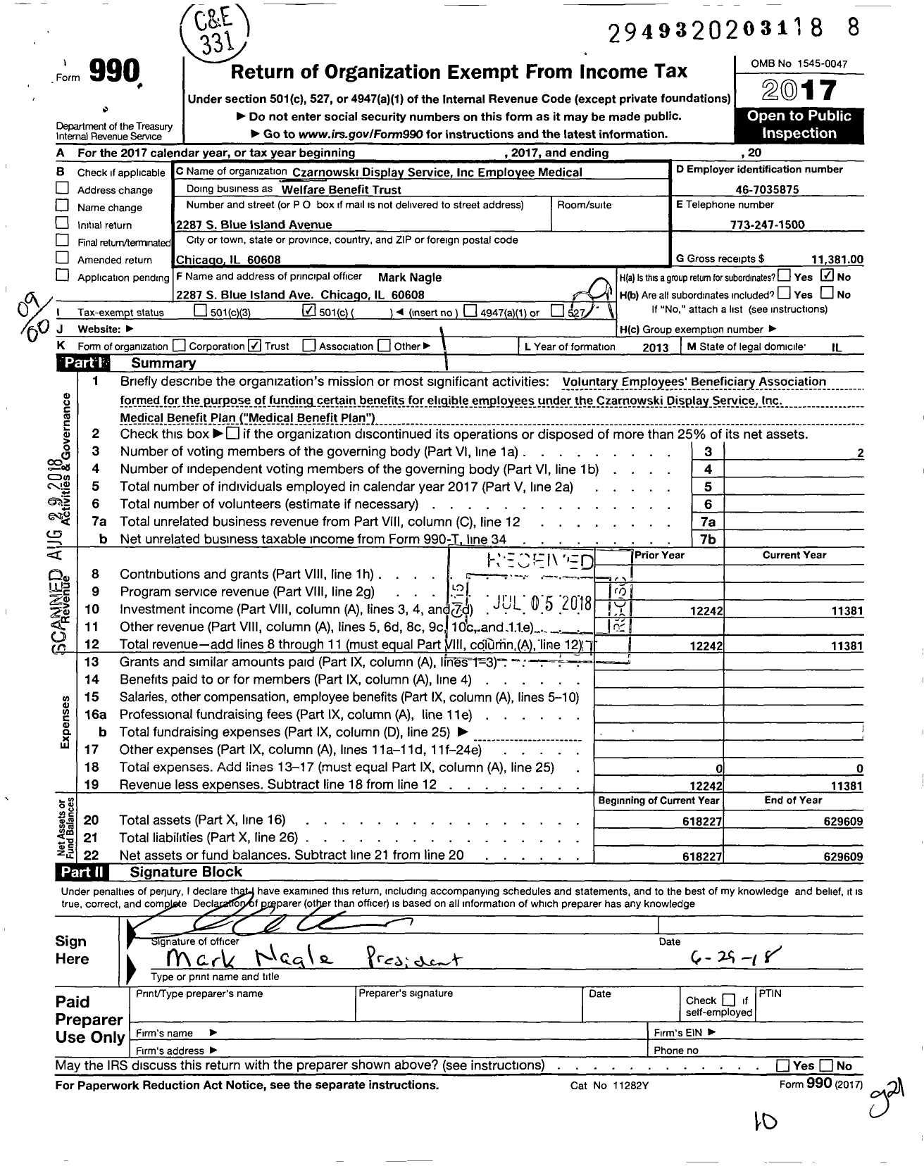 Image of first page of 2017 Form 990O for Czarnowski Display Service Employee Welfare Benefit Trust