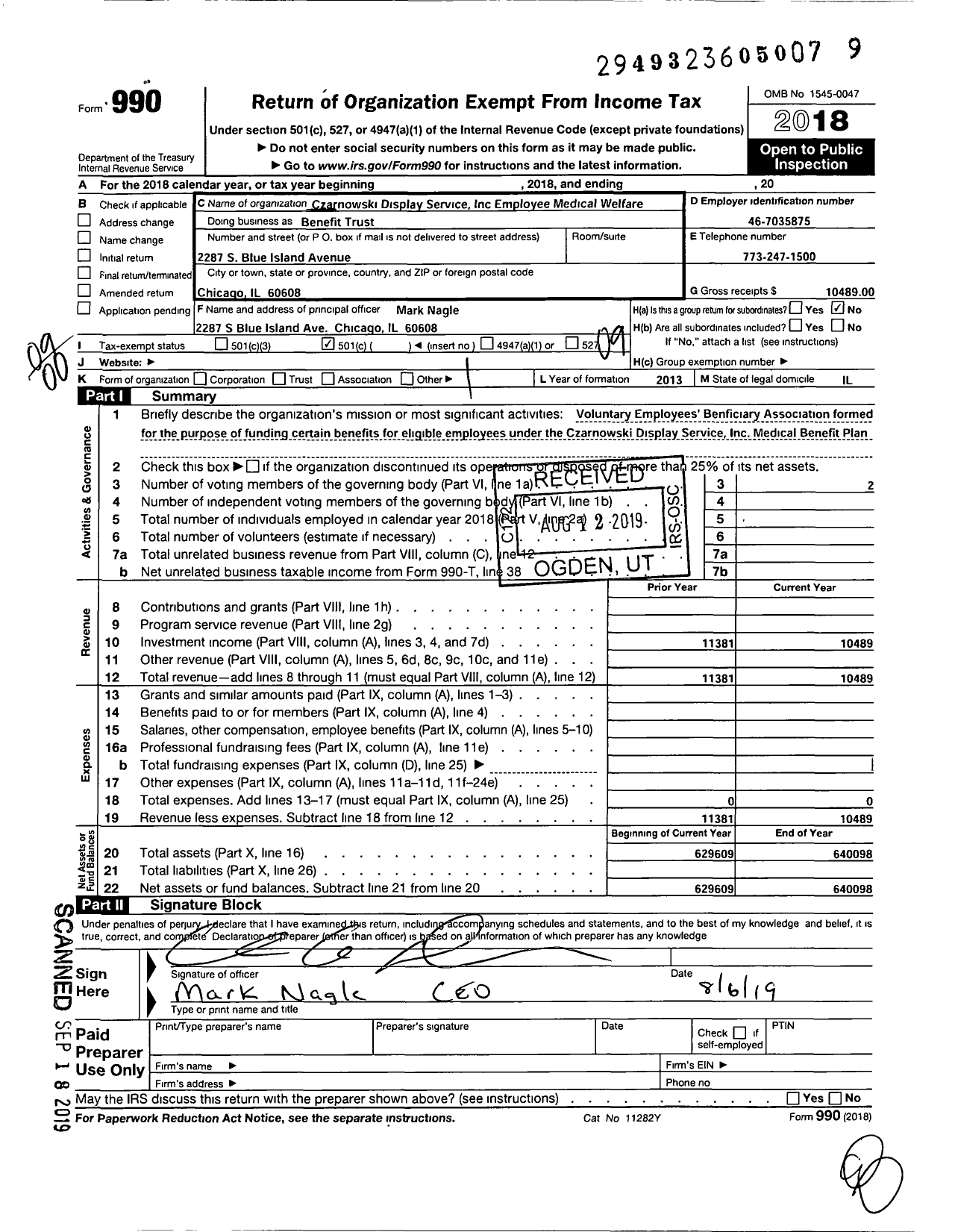 Image of first page of 2018 Form 990O for Czarnowski Display Service Employee Welfare Benefit Trust